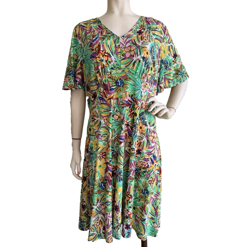 COLINE Dress Green Multi Color Floral Stretch Flutter Sleeve Art to Wear Size XL